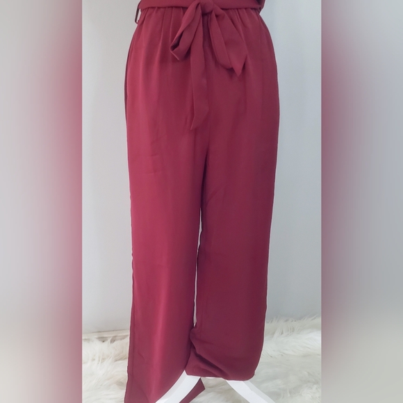 Kirundo Burgundy Sleeveless Ruffle Mock Neck Wide Leg Jumpsuit - Picture 5 of 10